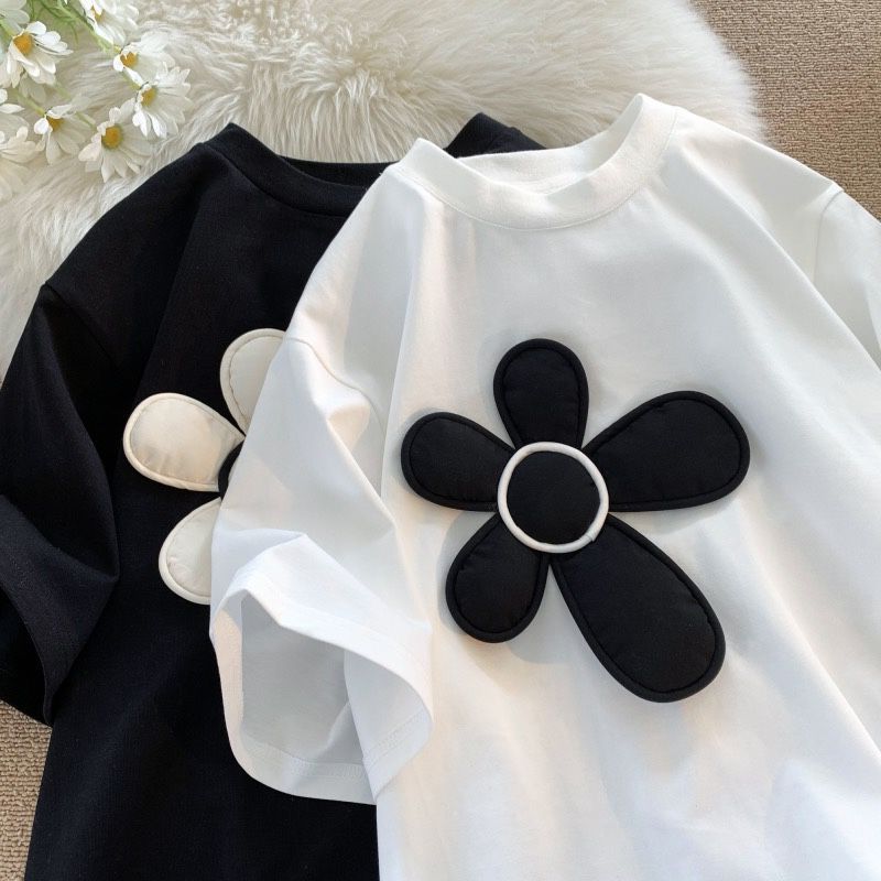 純白如詩 夏日微風 ❤熱銷推薦！純棉立體花朵寬鬆短袖T恤