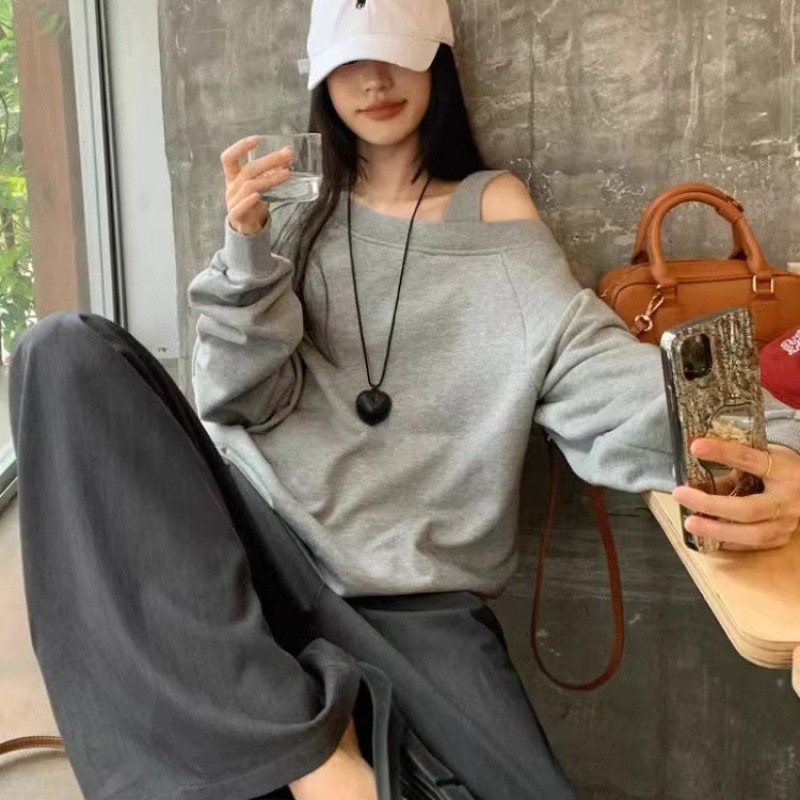 美式斜肩寬鬆大學T 露肩設計感長袖上衣