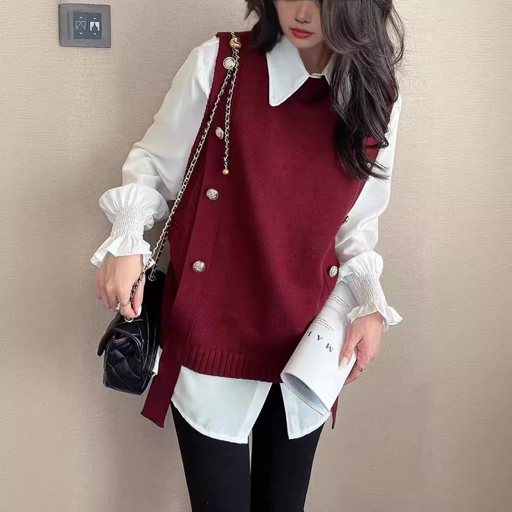 【單品可選】襯衫馬甲兩件套-春秋時尚減齡針織上衣套裝