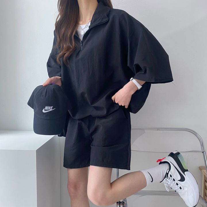 簡約 ‧ 素色拉鍊兩件套運動服套裝 寬鬆高領拉鍊短袖短褲 兩件套