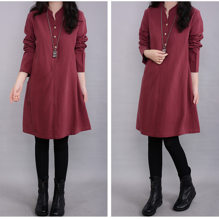 秋季韓版休閒立領寬鬆顯瘦長袖連身裙 大尺碼洋裝