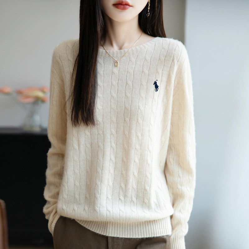 麻花圓領針織上衣 無縫一體 成型舒適 長袖寬鬆 秋冬內搭