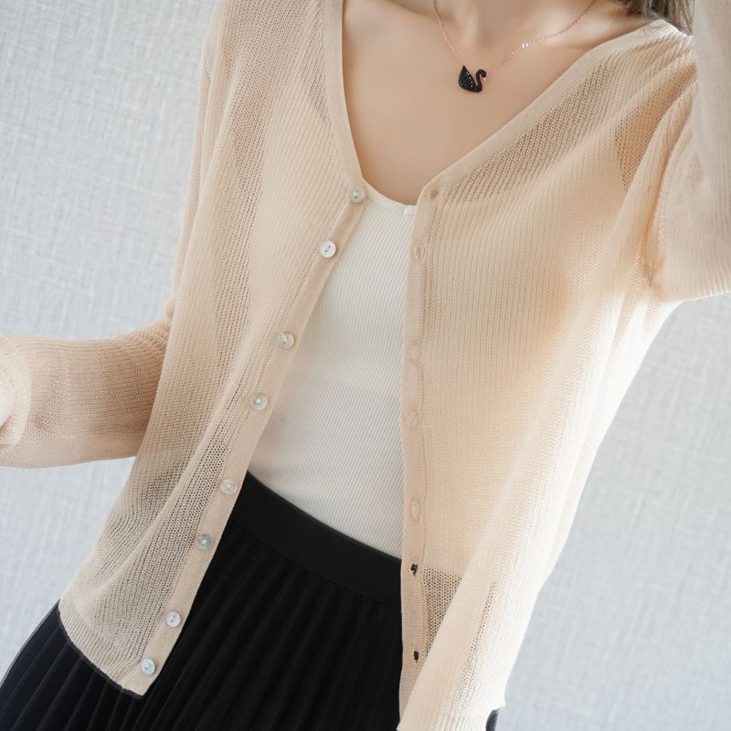 冰絲針織防曬衣 冷氣房開襟衫V領薄款罩衫