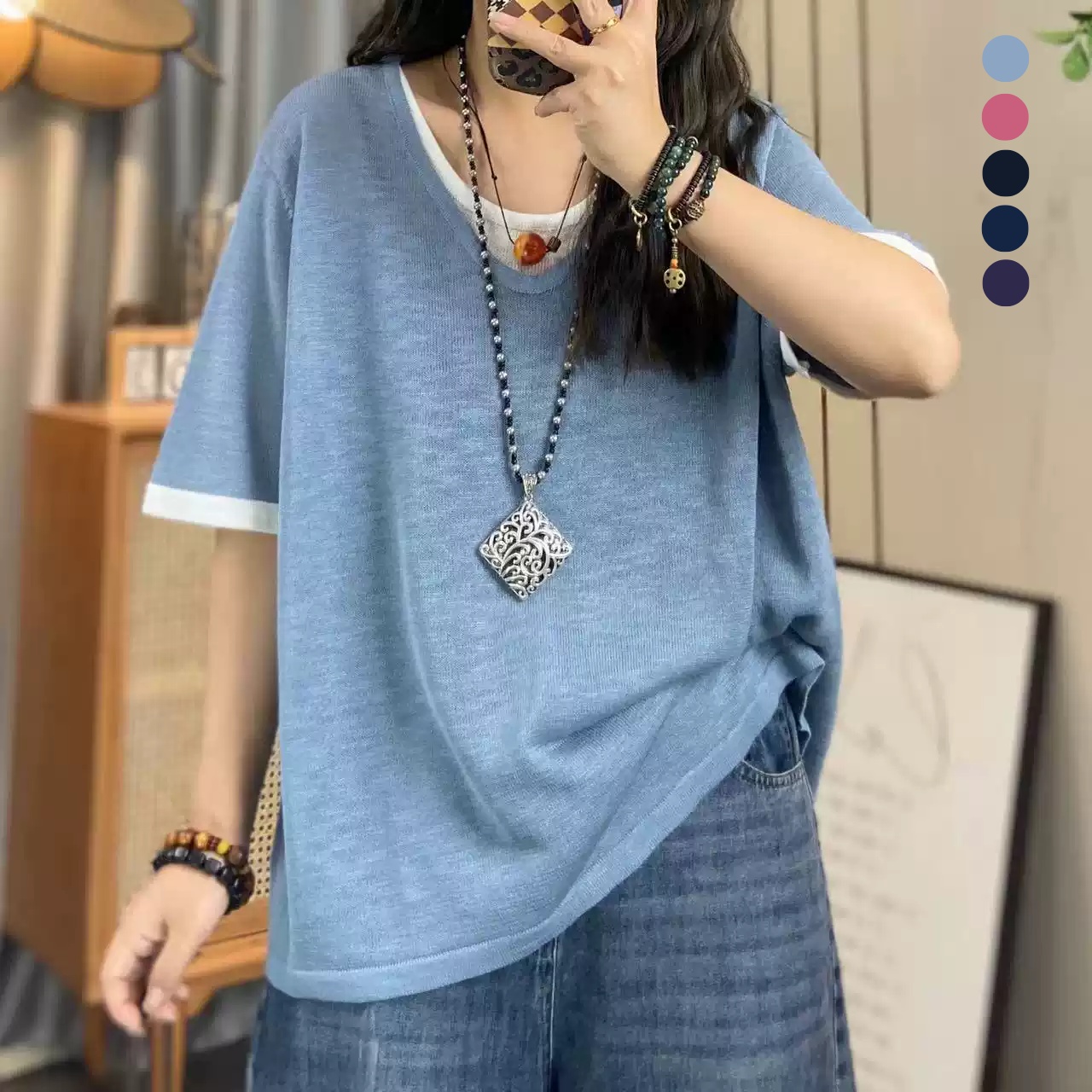 韓版假兩件短袖T恤 遮肉顯瘦休閒上衣・棉花糖女孩寬鬆層次感設計