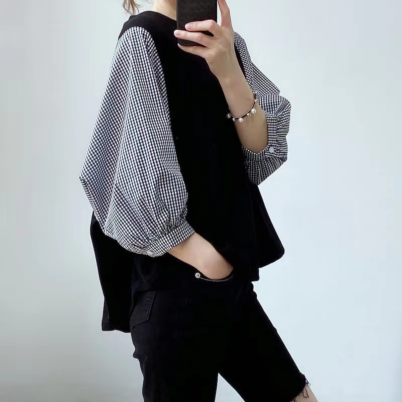 日韓系拼色襯衫寬鬆短袖上衣