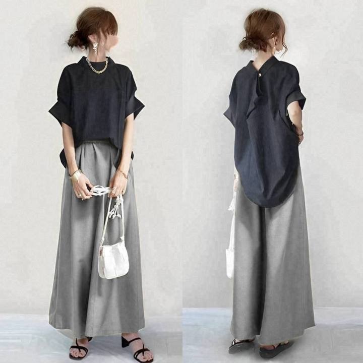 日韓小高領短袖襯衫+寬褲兩件套 簡約風套裝五分袖 OOTD 薄紗透氣柔軟寬鬆 蝴蝶結繫帶穿搭