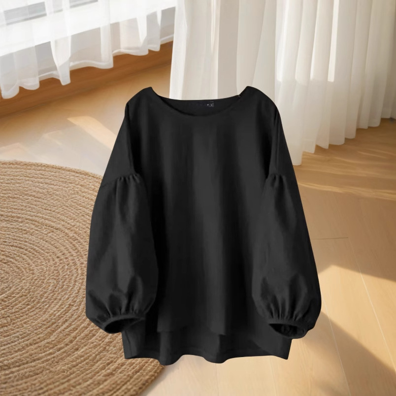 文青風寬鬆素面圓領長袖澎袖上衣 泡泡袖襯衫