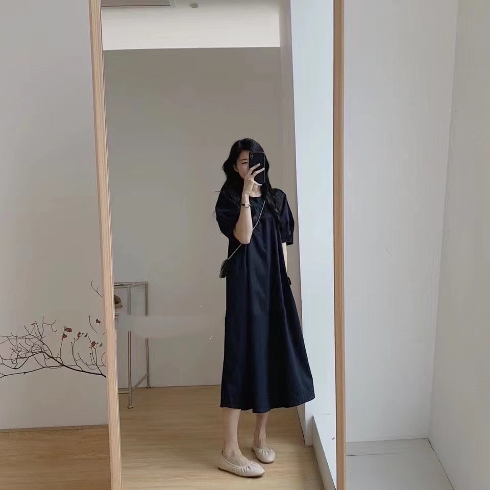 韓系．泡泡袖中長款連身裙