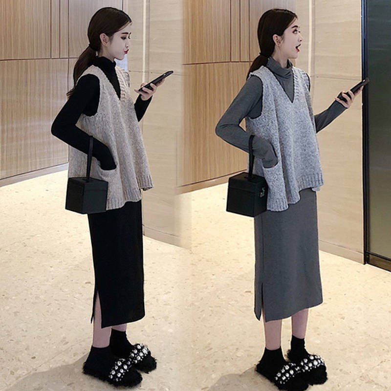 優雅秋裝組合針織背心+半高領連身裙套裝