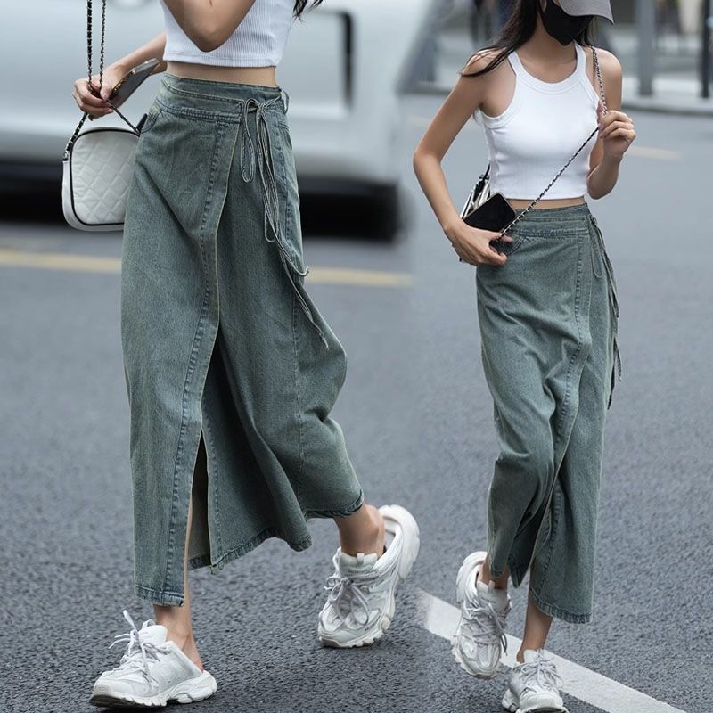 設計感復古綁帶一片式牛仔半身裙