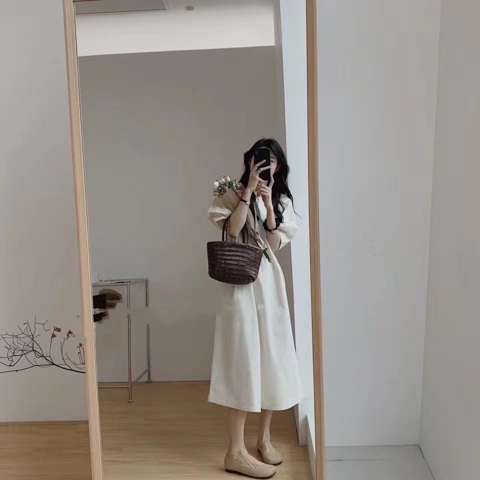 韓系．泡泡袖中長款連身裙