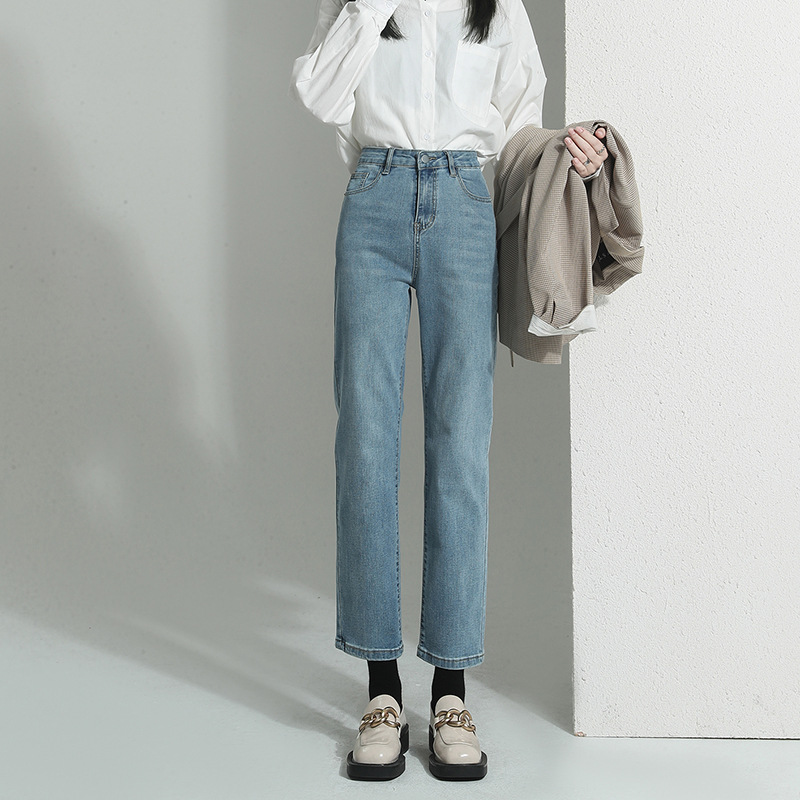高品質直筒牛仔褲 復古水洗高腰顯瘦寬鬆直筒小個子法棍褲