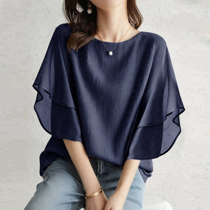 5色樂天寬鬆蝙蝠袖雪紡衫 圓領休閒百搭上衣