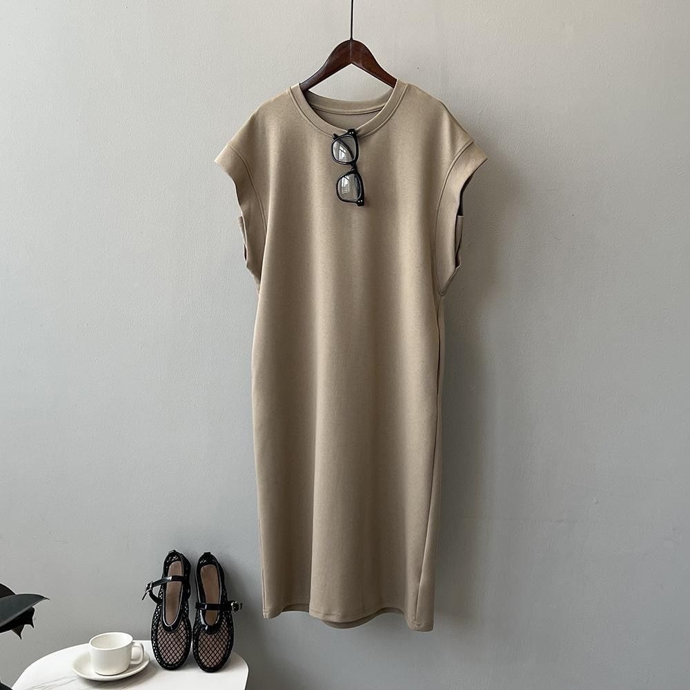 日系質感飛袖棉質洋裝 寬鬆剪裁中長版T恤洋裝