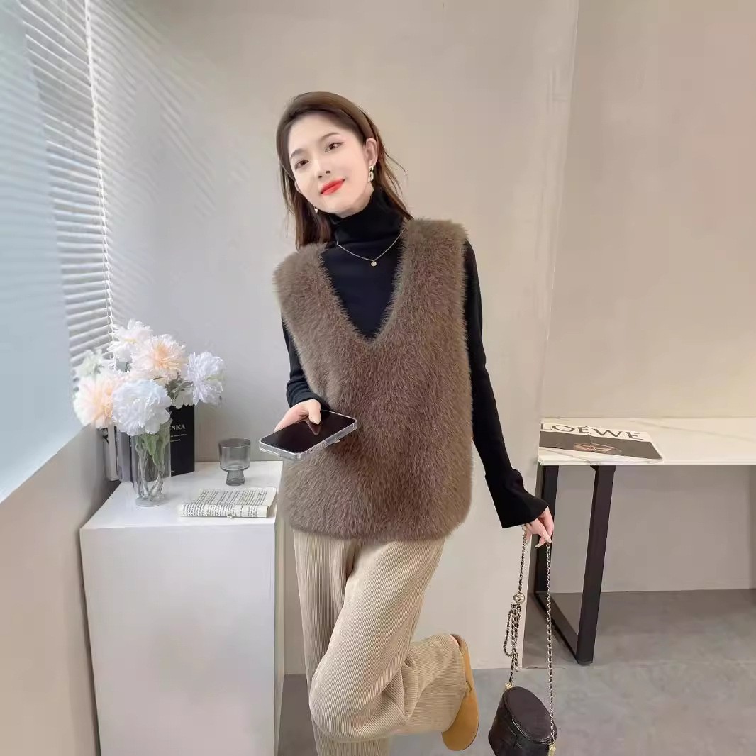 仿水貂絨V領針織背心 秋冬素色無袖毛衣背心