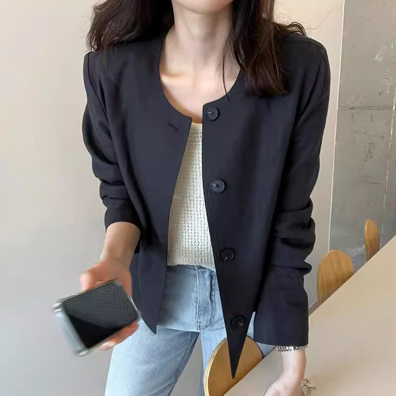 韓系棉麻薄外套 長袖開襟 圓領小西裝版