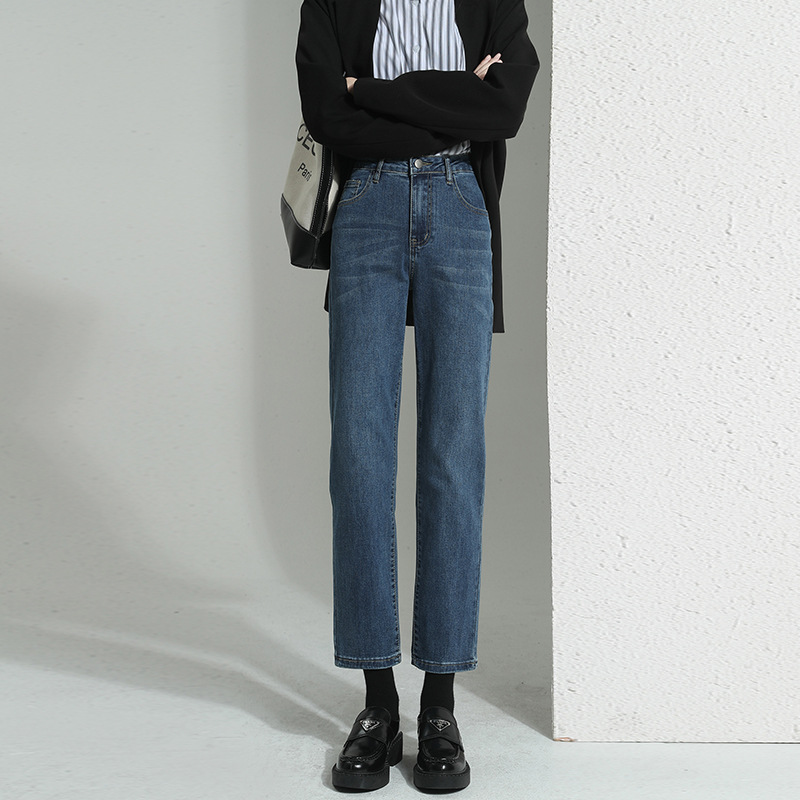 高品質直筒牛仔褲 復古水洗高腰顯瘦寬鬆直筒小個子法棍褲