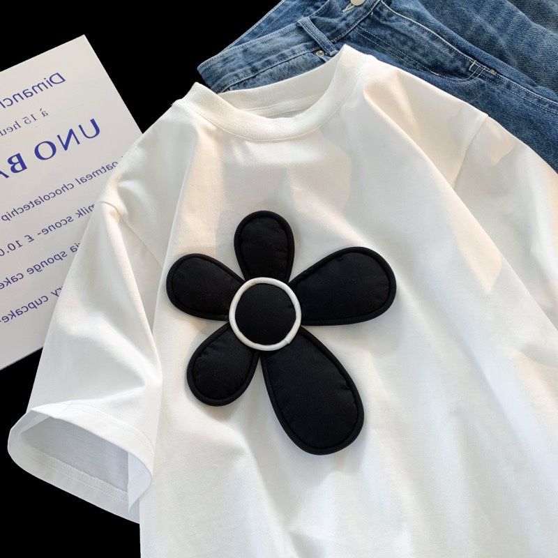 純白如詩 夏日微風 ❤熱銷推薦！純棉立體花朵寬鬆短袖T恤