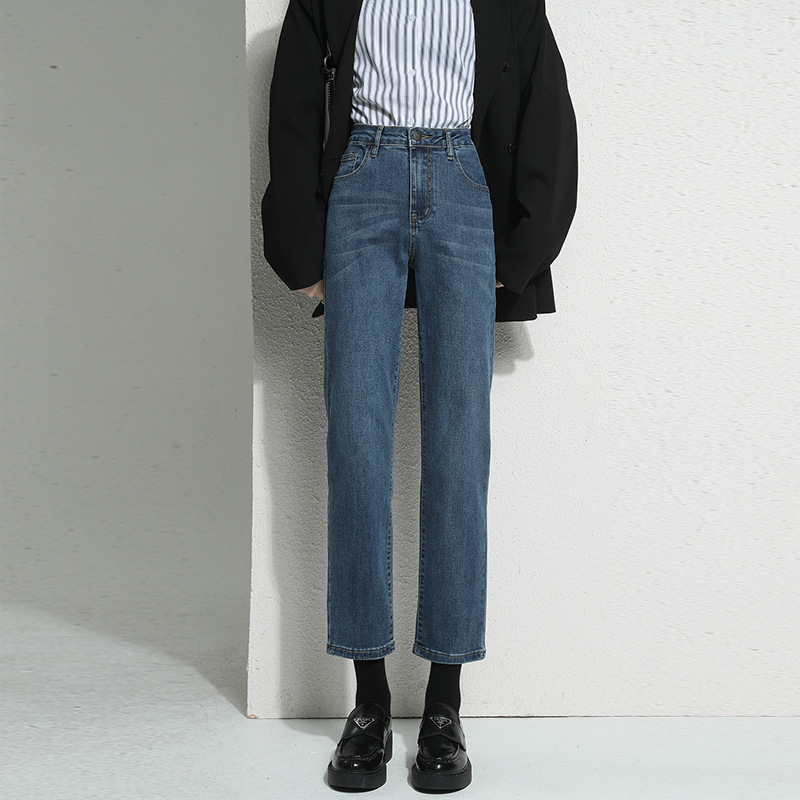 高品質直筒牛仔褲 復古水洗高腰顯瘦寬鬆直筒小個子法棍褲