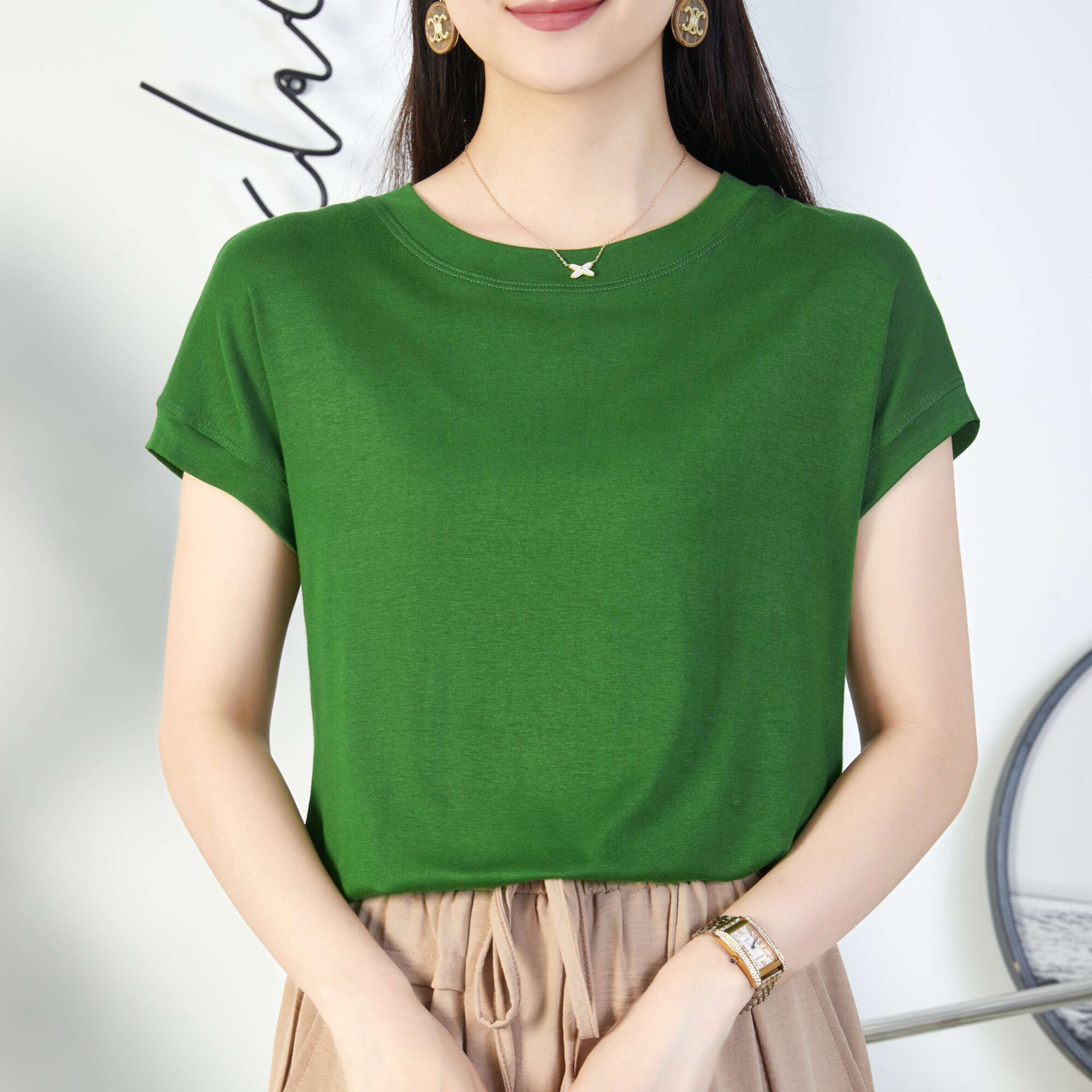 韓版夏季小飛袖柔軟上衣 氣質百搭時尚修身圓領設計感洋氣飛飛袖