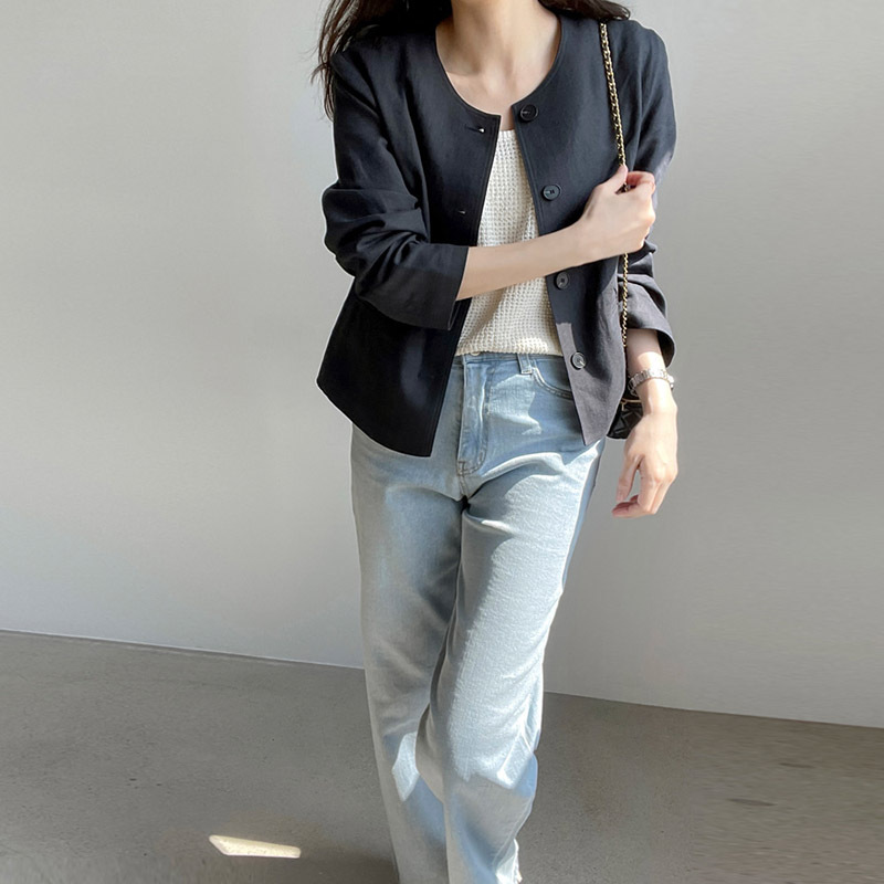 韓系棉麻薄外套 長袖開襟 圓領小西裝版
