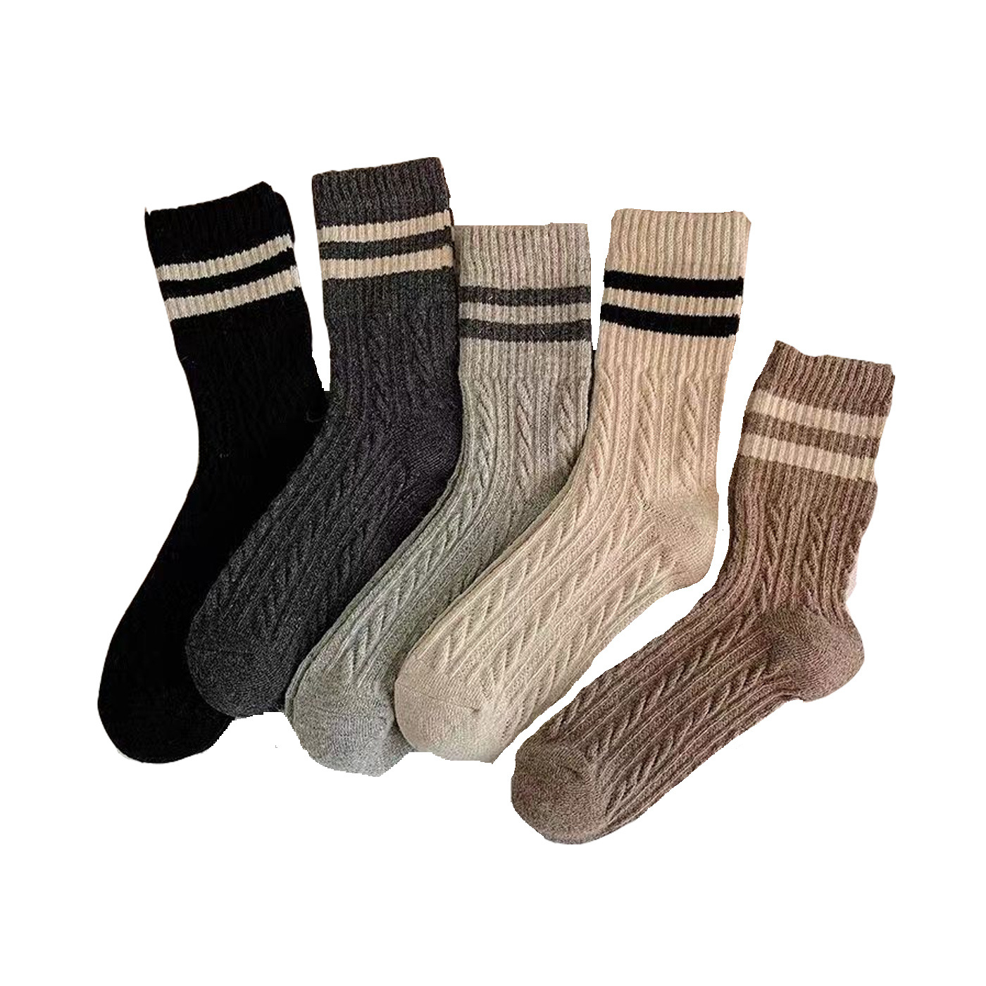 4條套組 復古麻花條紋堆叠袜秋冬季保暖加厚日系學院風簡約外穿