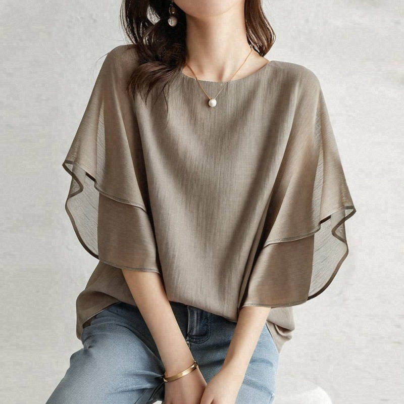 5色樂天寬鬆蝙蝠袖雪紡衫 圓領休閒百搭上衣