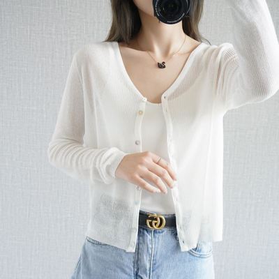 冰絲針織防曬衣 冷氣房開襟衫V領薄款罩衫