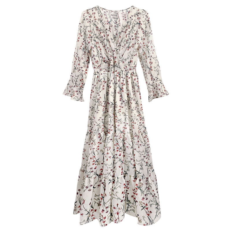 浪漫渡假風碎花雪紡連身裙 森系淑女連身洋裝