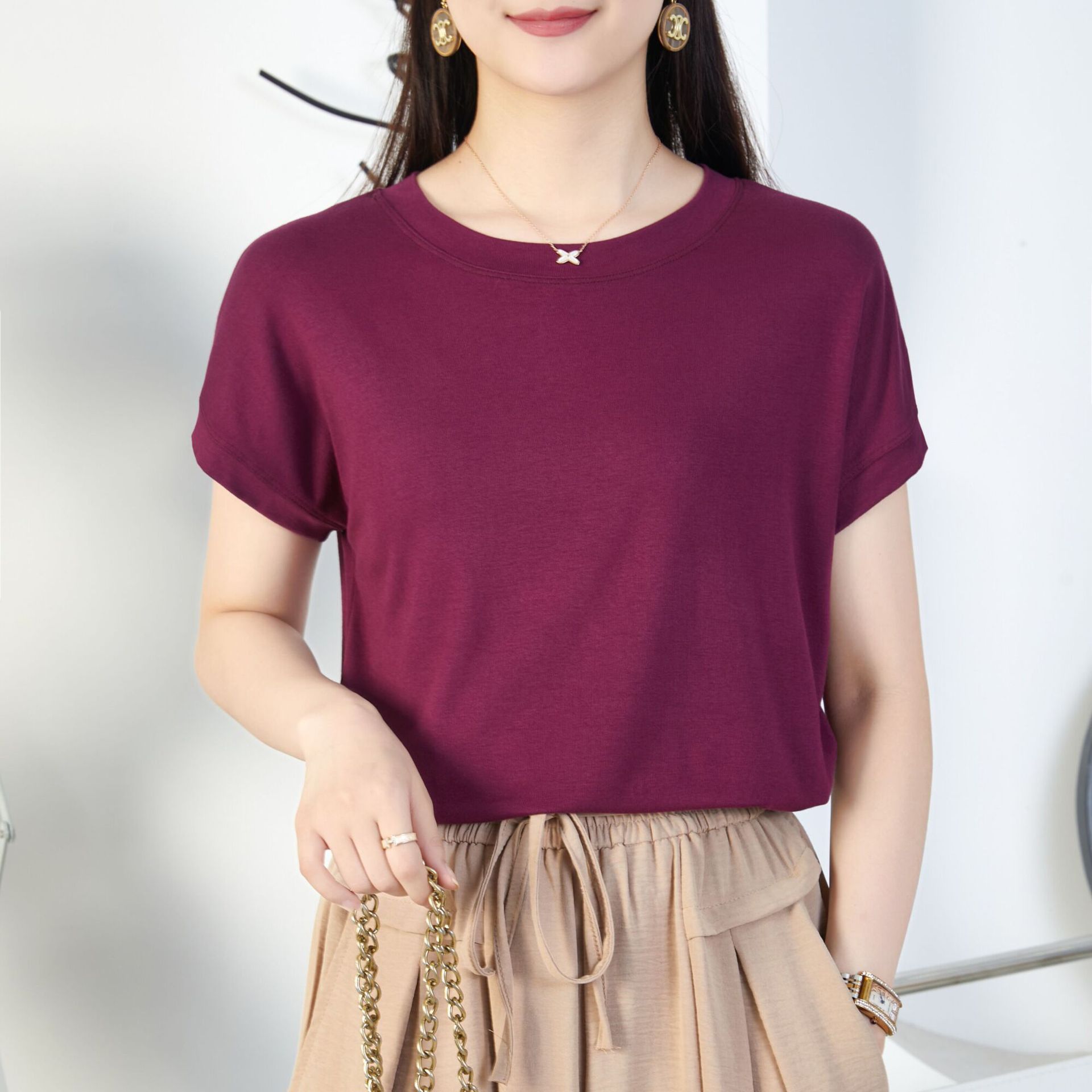 韓版夏季小飛袖柔軟上衣 氣質百搭時尚修身圓領設計感洋氣飛飛袖