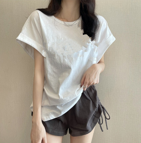 韓國東大門設計感小眾飛飛袖t恤 短袖寬鬆無袖 落肩上衣