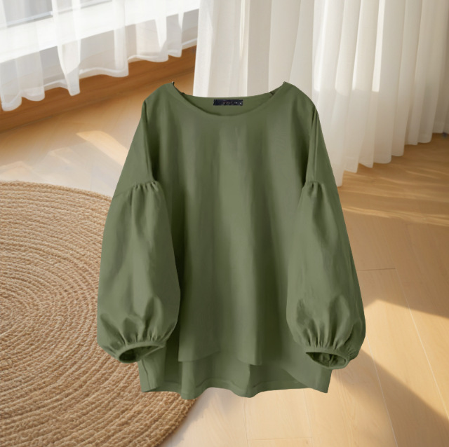 文青風寬鬆素面圓領長袖澎袖上衣 泡泡袖襯衫