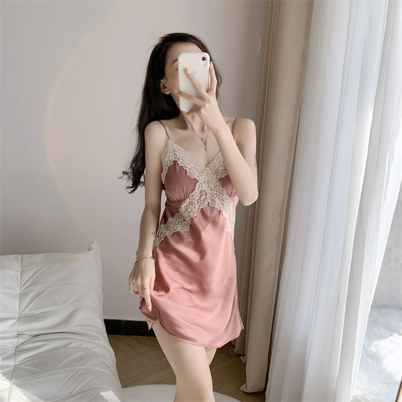 V領性感吊帶冰絲睡裙 緞面絲綢家居服套裝