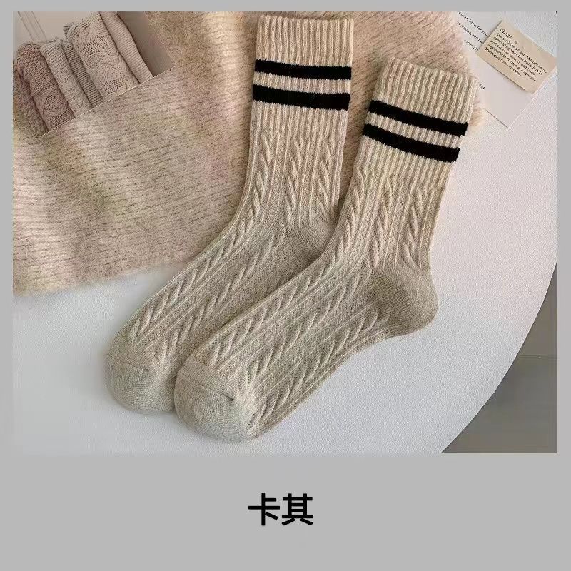 4條套組 復古麻花條紋堆叠袜秋冬季保暖加厚日系學院風簡約外穿