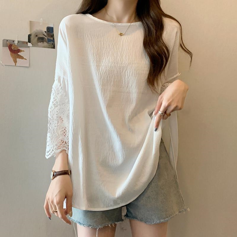 溫柔甜美 蕾絲拼接中長款T恤 氣質通勤別緻寬鬆休閒百搭上衣