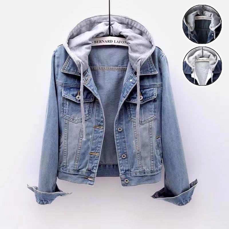 秋冬季刷毛加厚鋪棉牛仔外套（帽子可拆卸）S-5XL