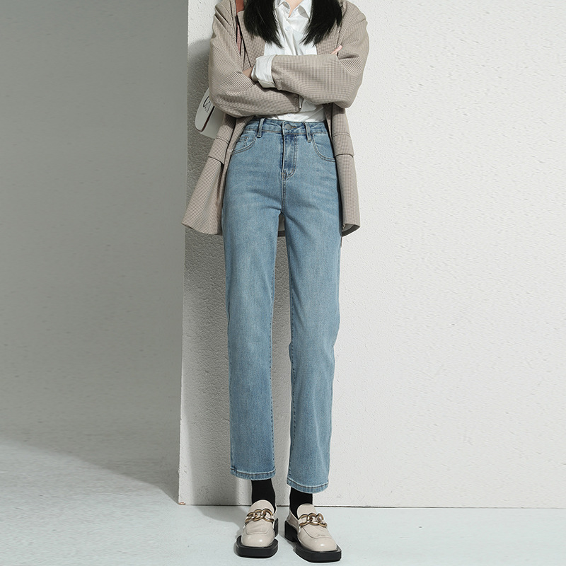 高品質直筒牛仔褲 復古水洗高腰顯瘦寬鬆直筒小個子法棍褲