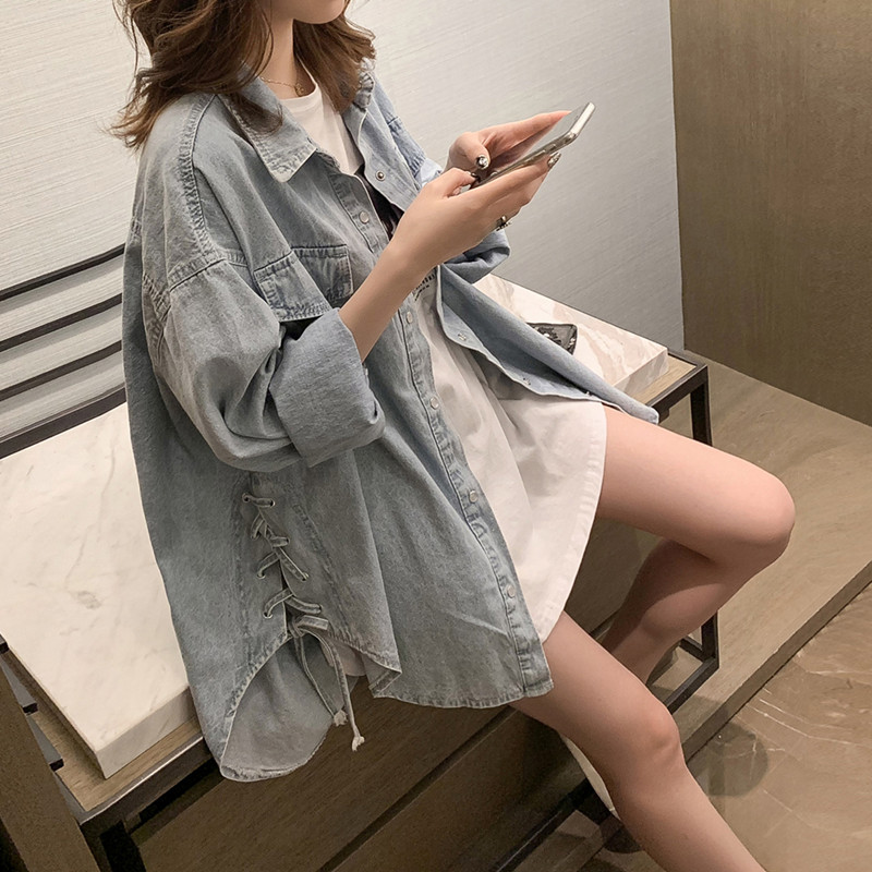 韓系 ‧ 牛仔襯衫外套 寬鬆牛仔襯衫 中長款百搭外套減齡上衣