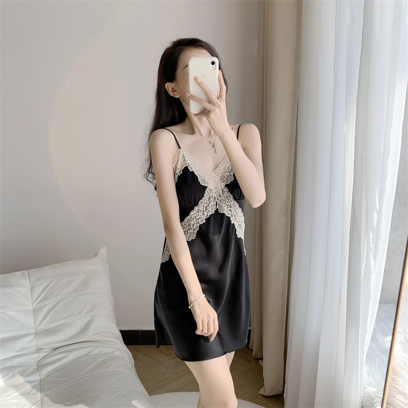 V領性感吊帶冰絲睡裙 緞面絲綢家居服套裝