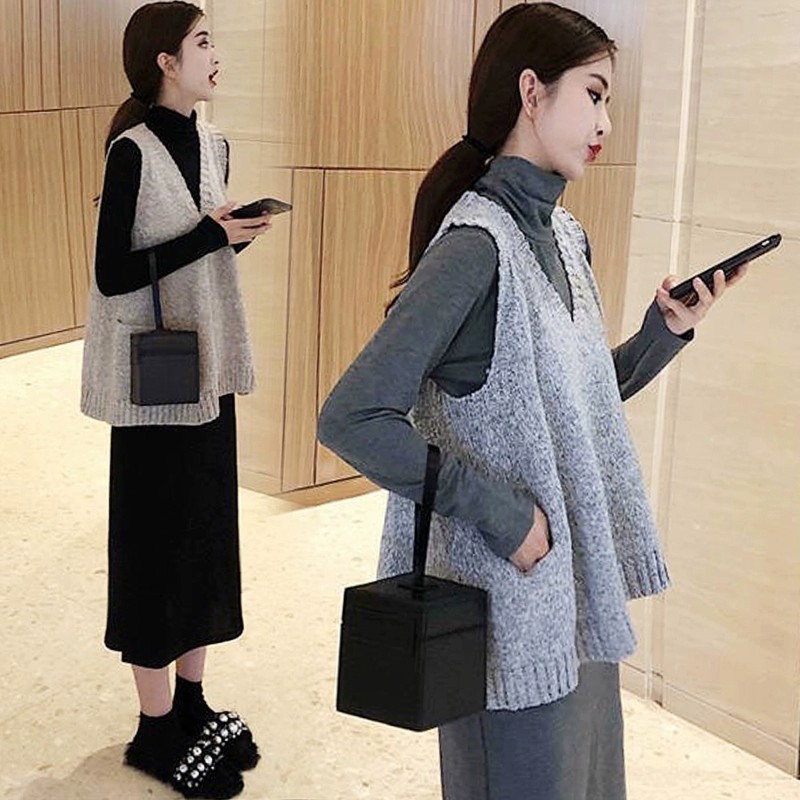 優雅秋裝組合針織背心+半高領連身裙套裝