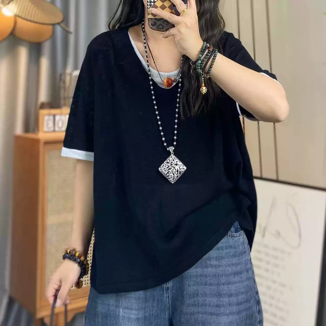 韓版假兩件短袖T恤 遮肉顯瘦休閒上衣・棉花糖女孩寬鬆層次感設計