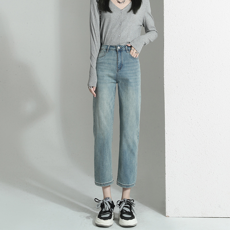 高品質直筒牛仔褲 復古水洗高腰顯瘦寬鬆直筒小個子法棍褲