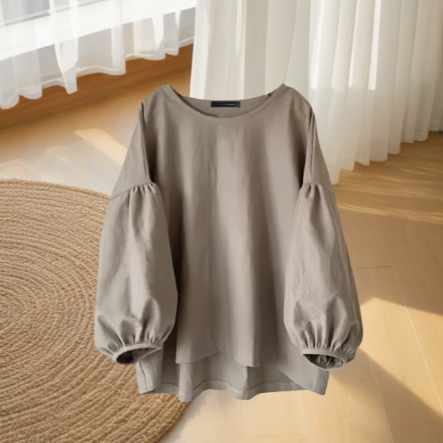文青風寬鬆素面圓領長袖澎袖上衣 泡泡袖襯衫