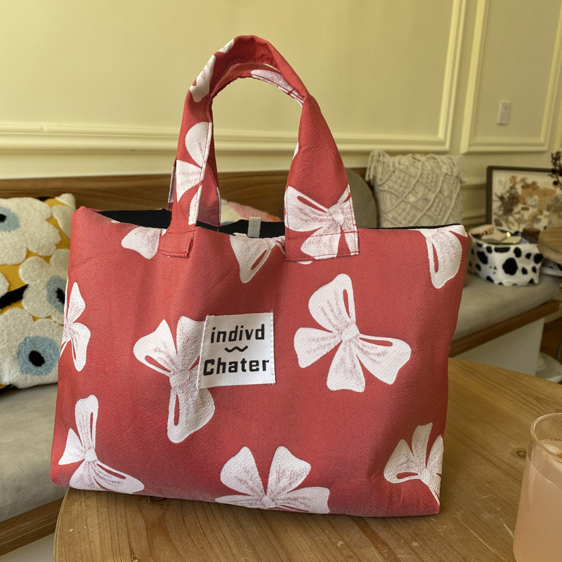 法式小眾紅色蝴蝶結手提包 可愛氣質風手拎便當包