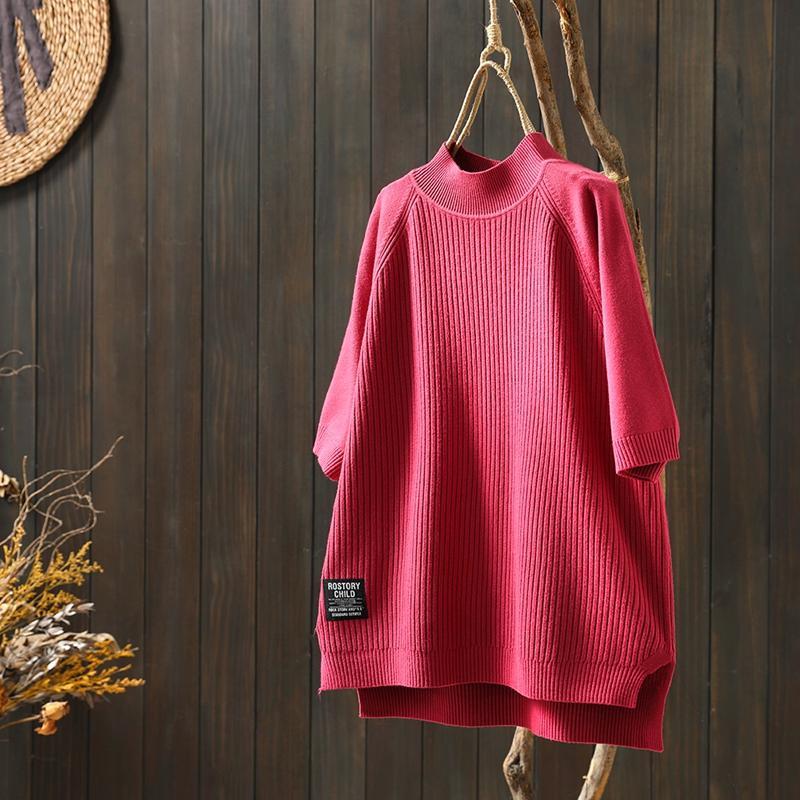 優雅韓版簡約多色半高領五分袖針織衫