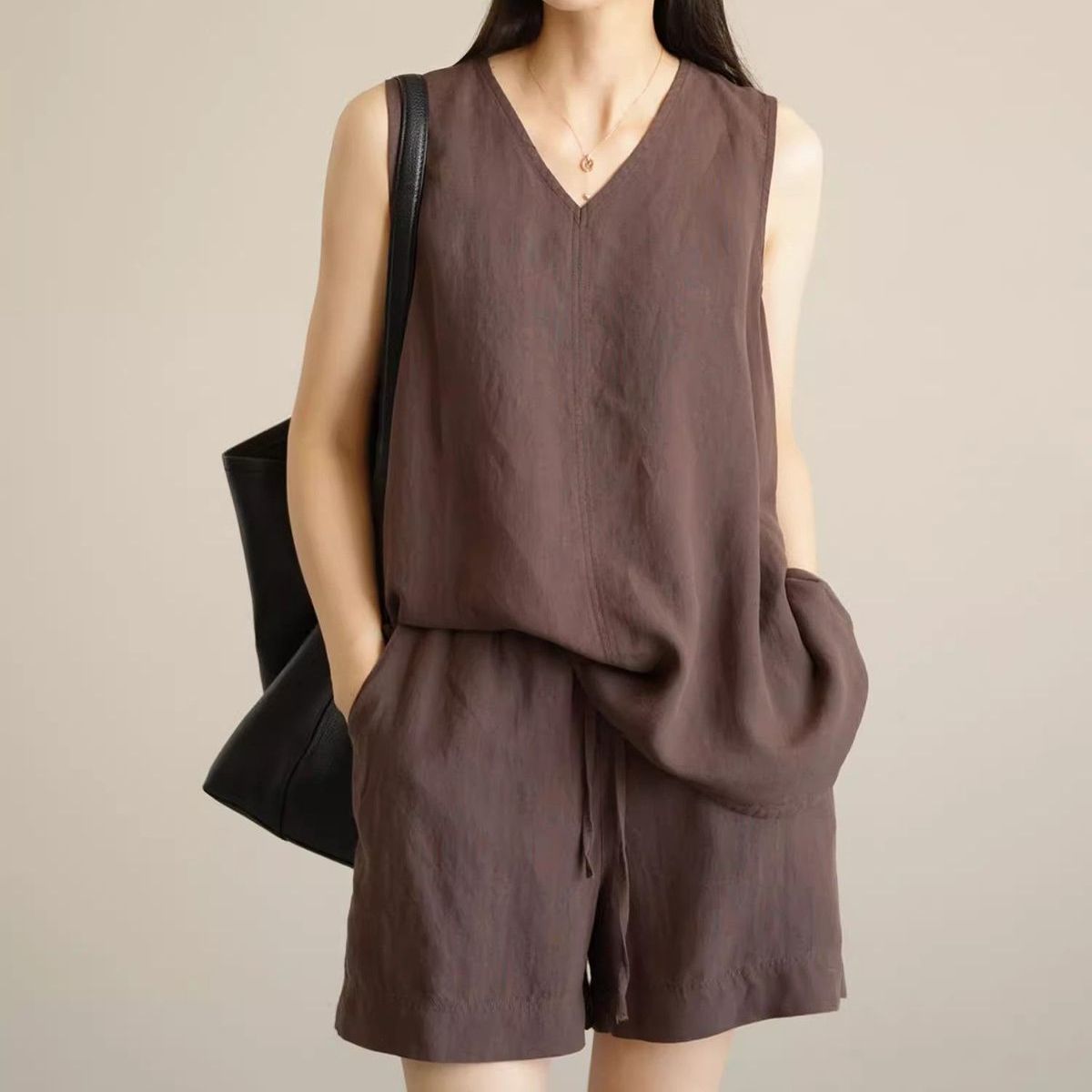 棉麻素面無袖背心＋短褲兩件式套裝 寬鬆透氣休閒款（可單買）