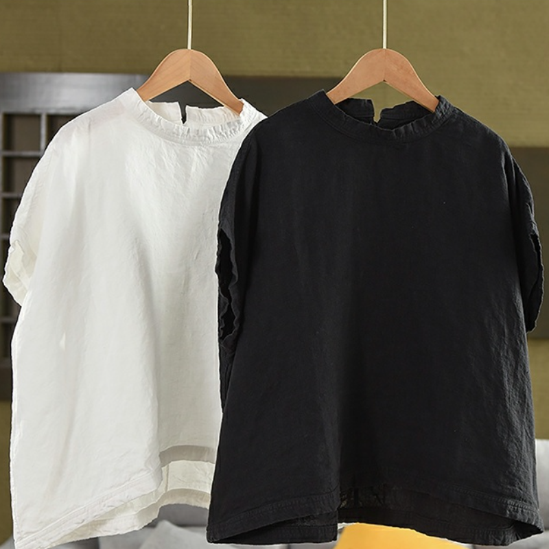 夏季亞麻短袖上衣 文青復古風寬鬆T恤襯衫 遮手臂顯瘦百搭款