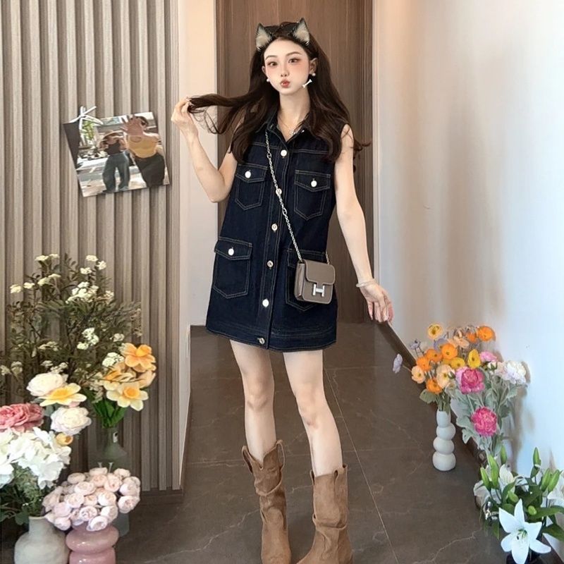 復古牛仔無袖背心洋裝 寬鬆直筒設計 韓系休閒款