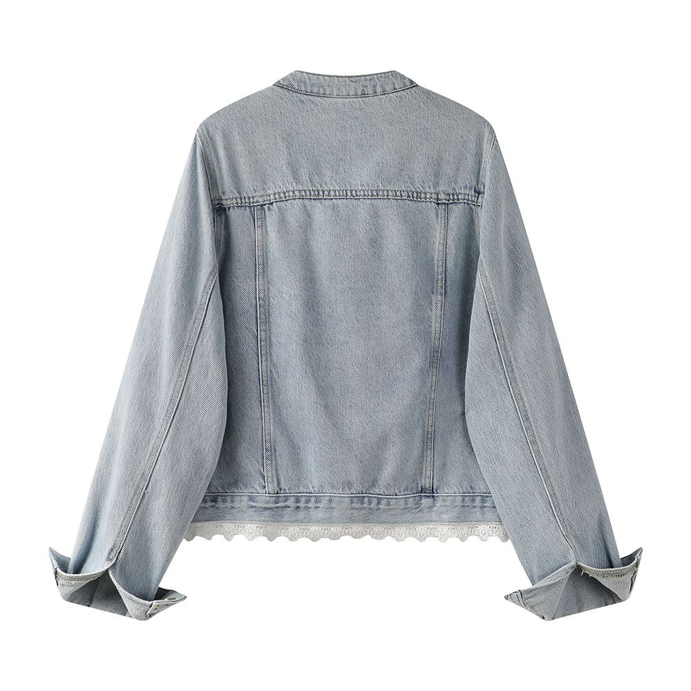 蕾絲花邊拼接牛仔外套 復古水洗短版 韓系休閒款