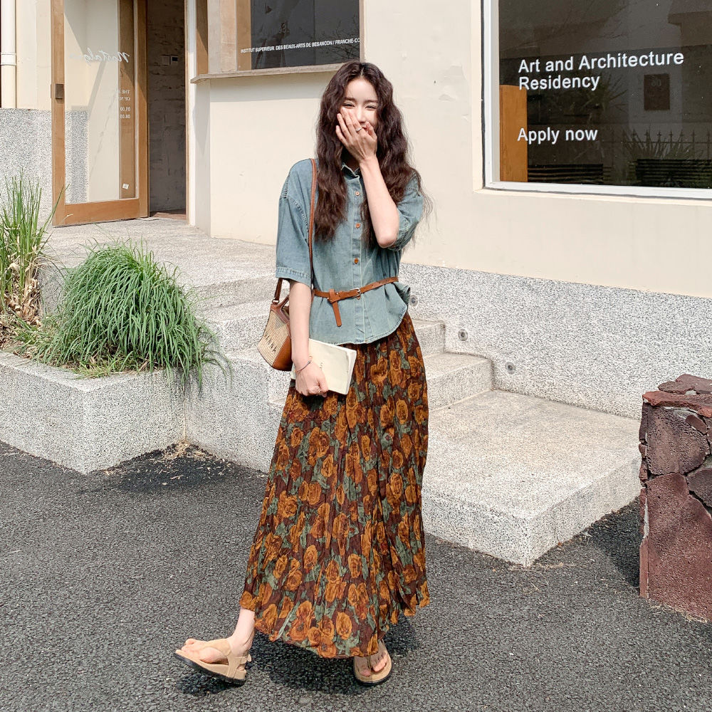 復古兩件式套裝 短袖牛仔襯衫＋碎花中長裙 成套穿搭